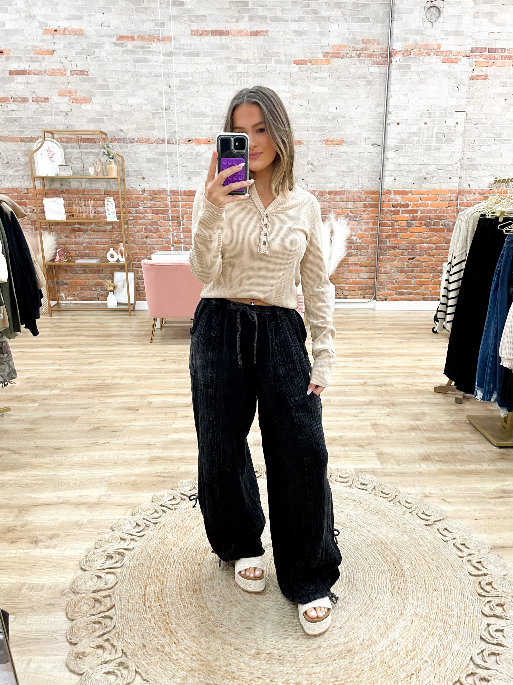 Boho Beauty Crinkle Gauze Jogger Pants - Black