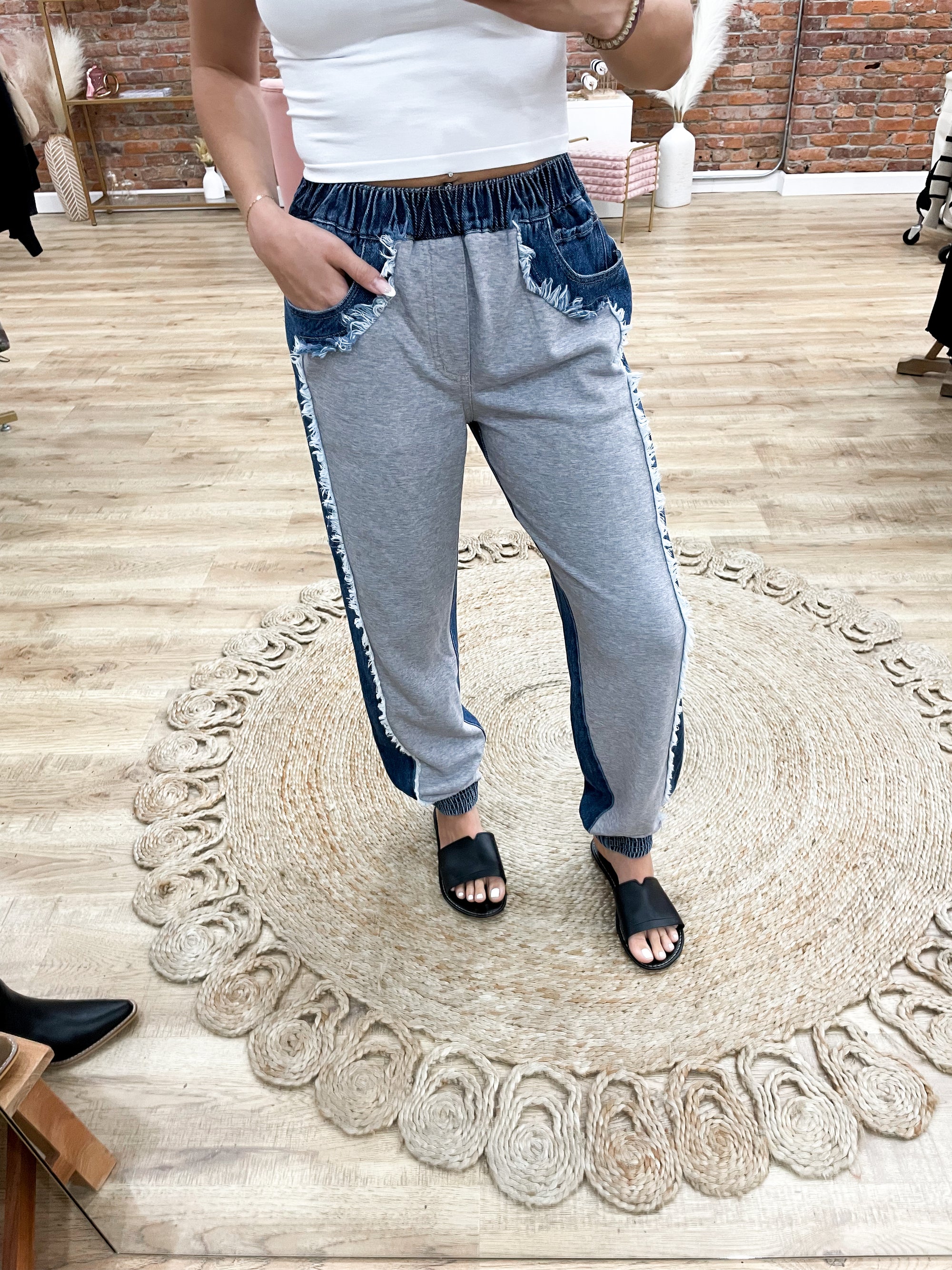 Cozy But Cute Frayed Contrast Denim Joggers