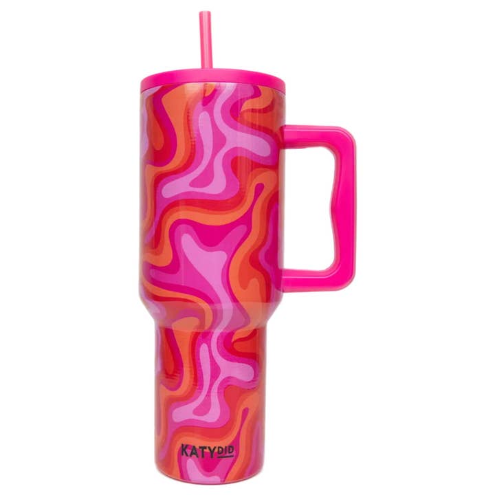 Pink Retro Swirl Insulated Tumbler Cup w/ Handle