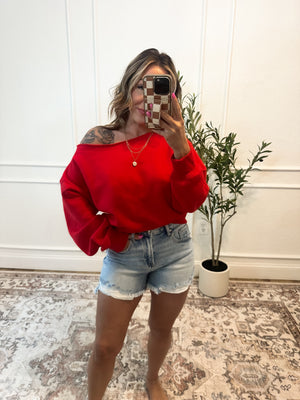 Hear Me Out Boat-Neck Cropped Pullover - Ruby