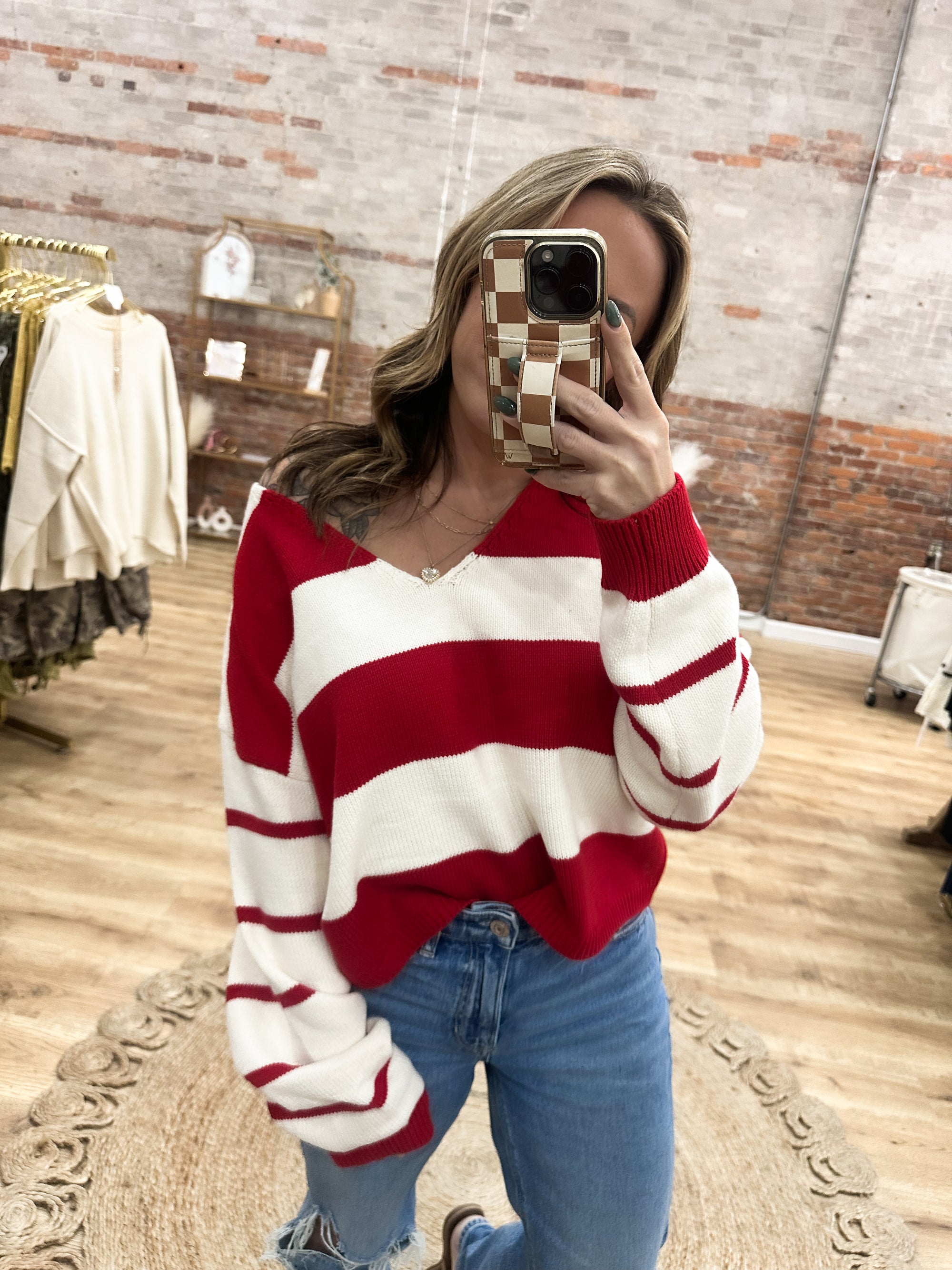 Candy Cane Lane V Neck Loose Sweater