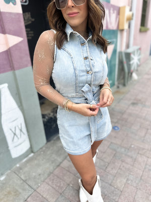 Finding Myself Belted Denim Romper - Light Wash