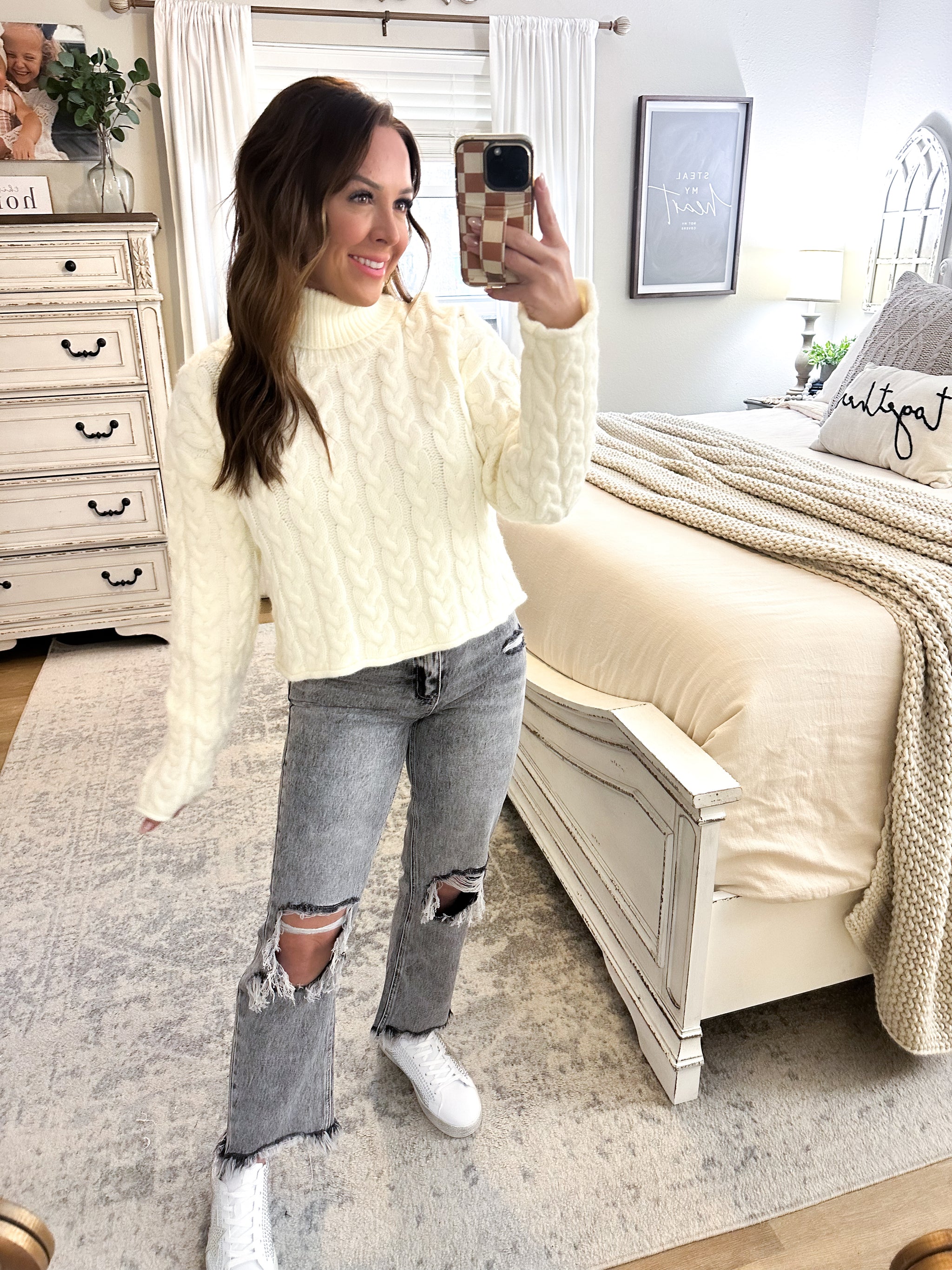White Sweater - Cable Knit Sweater - Ivory Turtle Neck Sweater