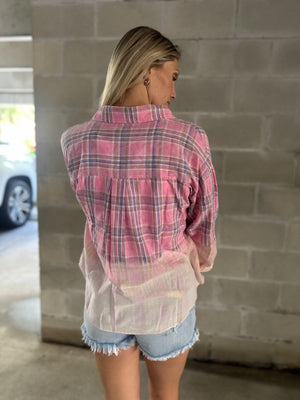 Let Me Down Easy Bleached Plaid Top
