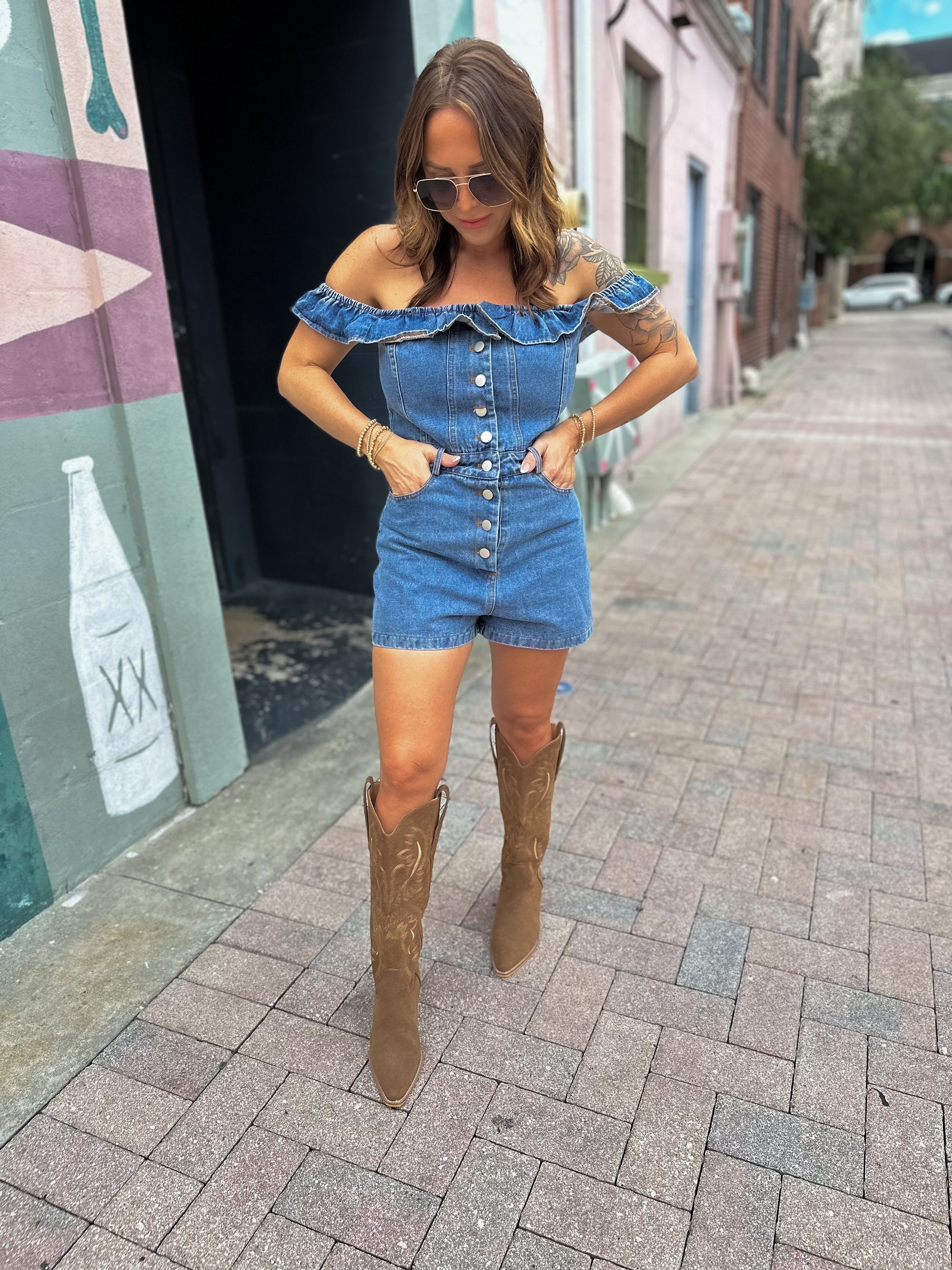 Whiskey Blues Off Shoulder Denim Romper