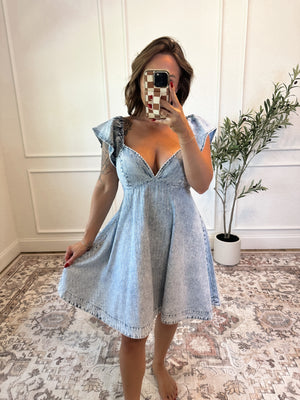 All Eyes On Me Rhinestone Denim Flare Dress