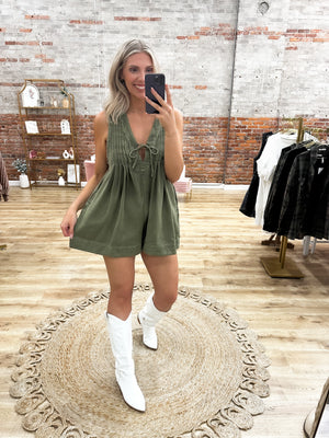 Southern Belle Pleated Denim Romper - Olive