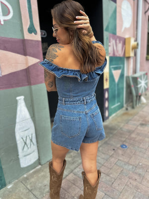 Whiskey Blues Off Shoulder Denim Romper