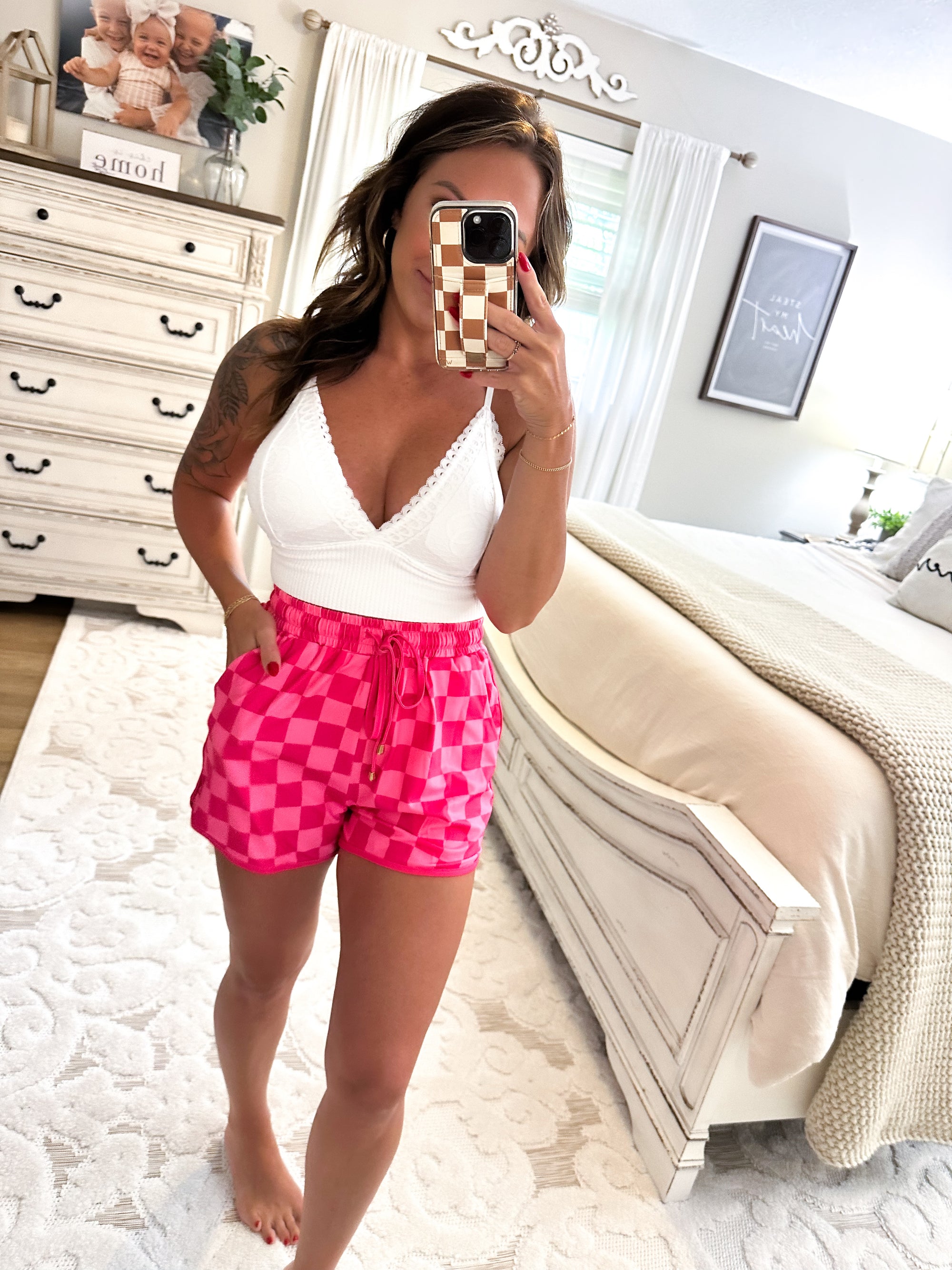 Missy Checkered Drawstring Shorts - Pink