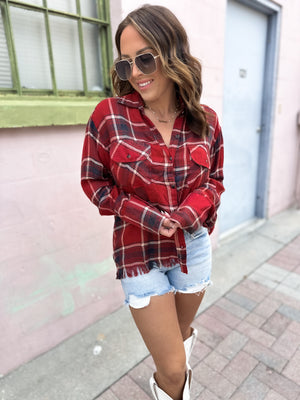 Wasted On You Raw Hem Flannel Top