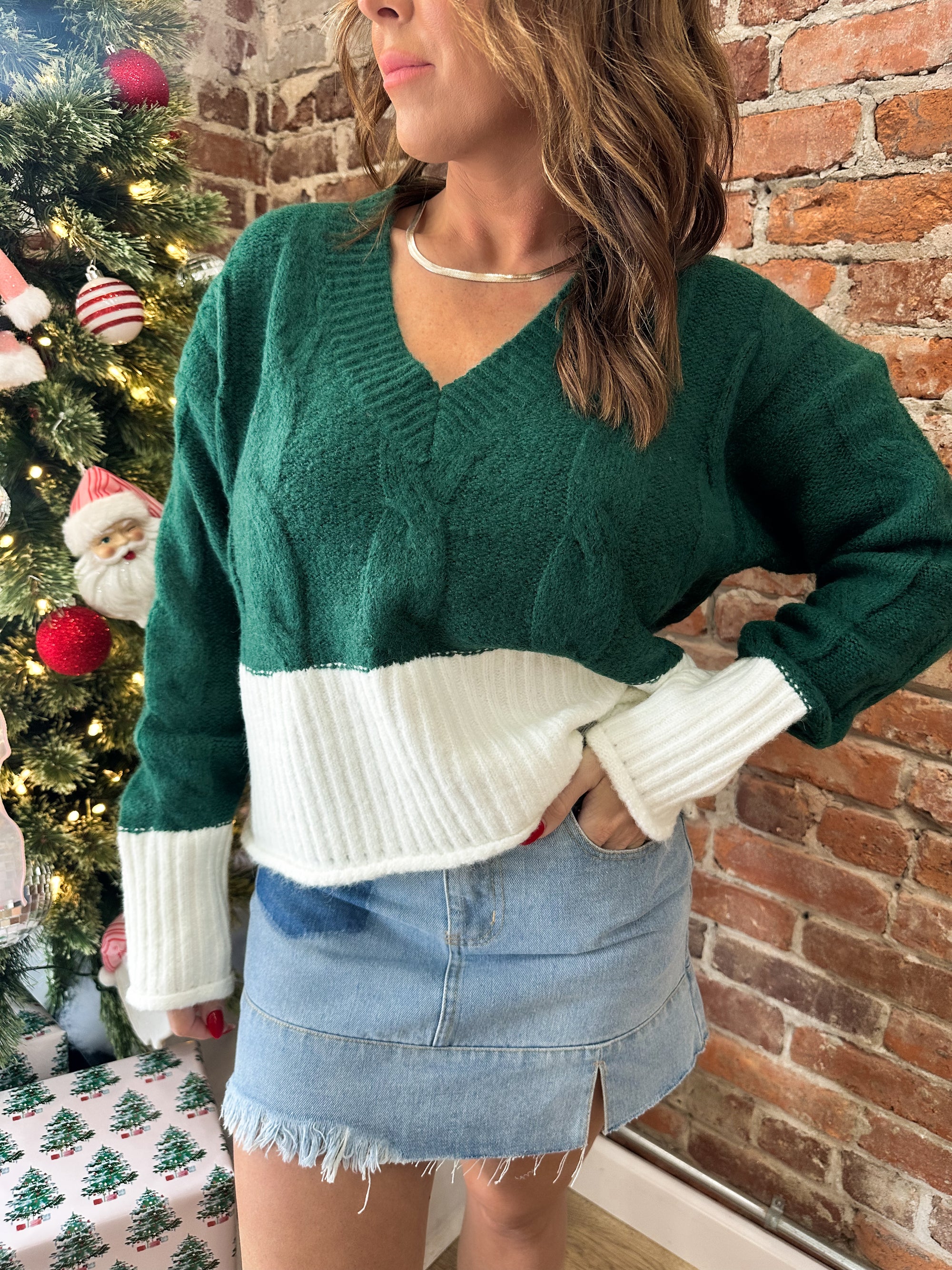 Made For More Cropped Sweater - Hunter/Ivory