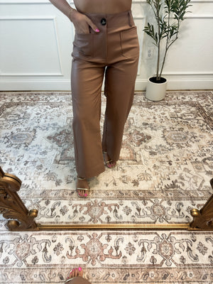 Alicia Mid Rise Pleather Wide Leg Pants - Taupe