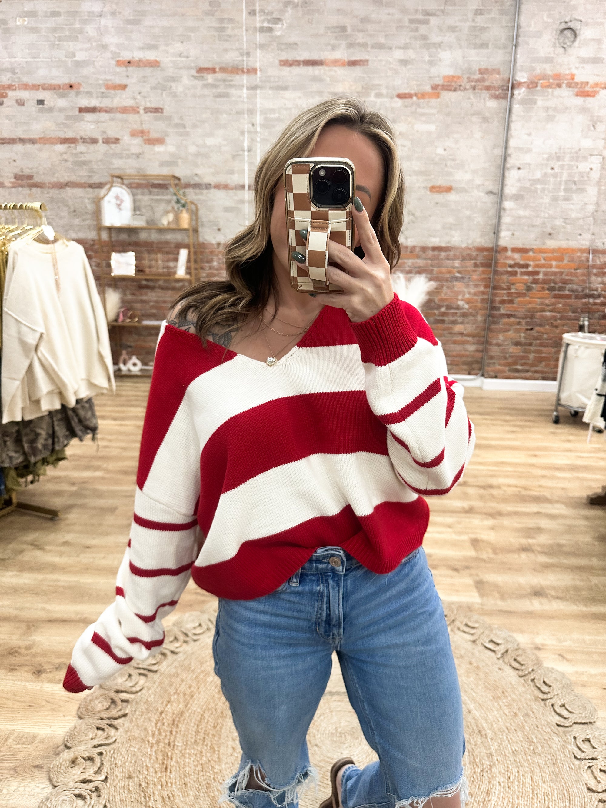 Candy Cane Lane V Neck Loose Sweater