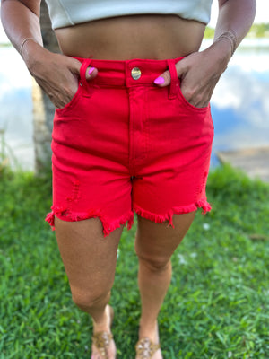 Reba High Rise Distressed Shorts - Red