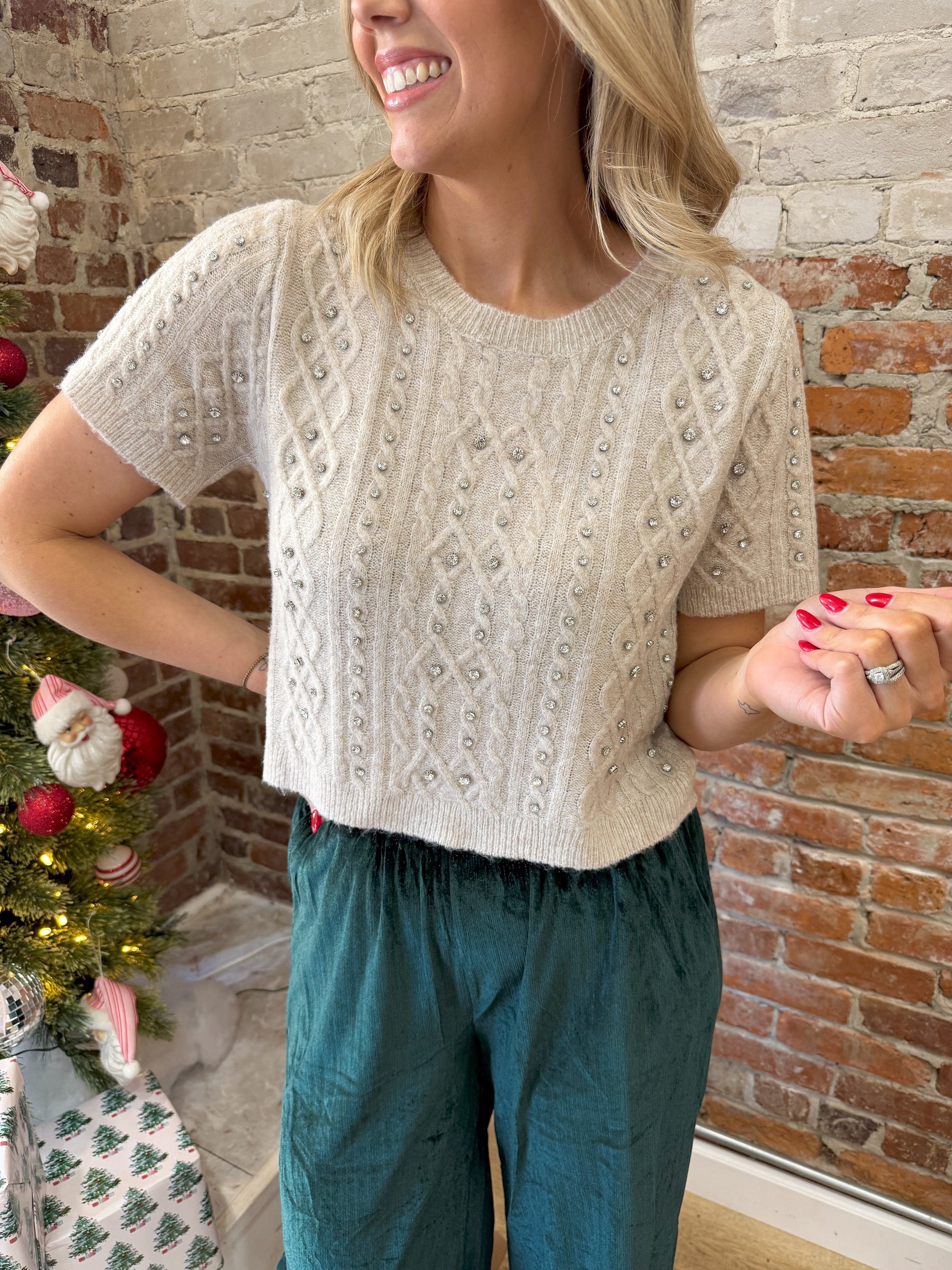 Give You Joy Rhinestone Beaded Sweater - Taupe