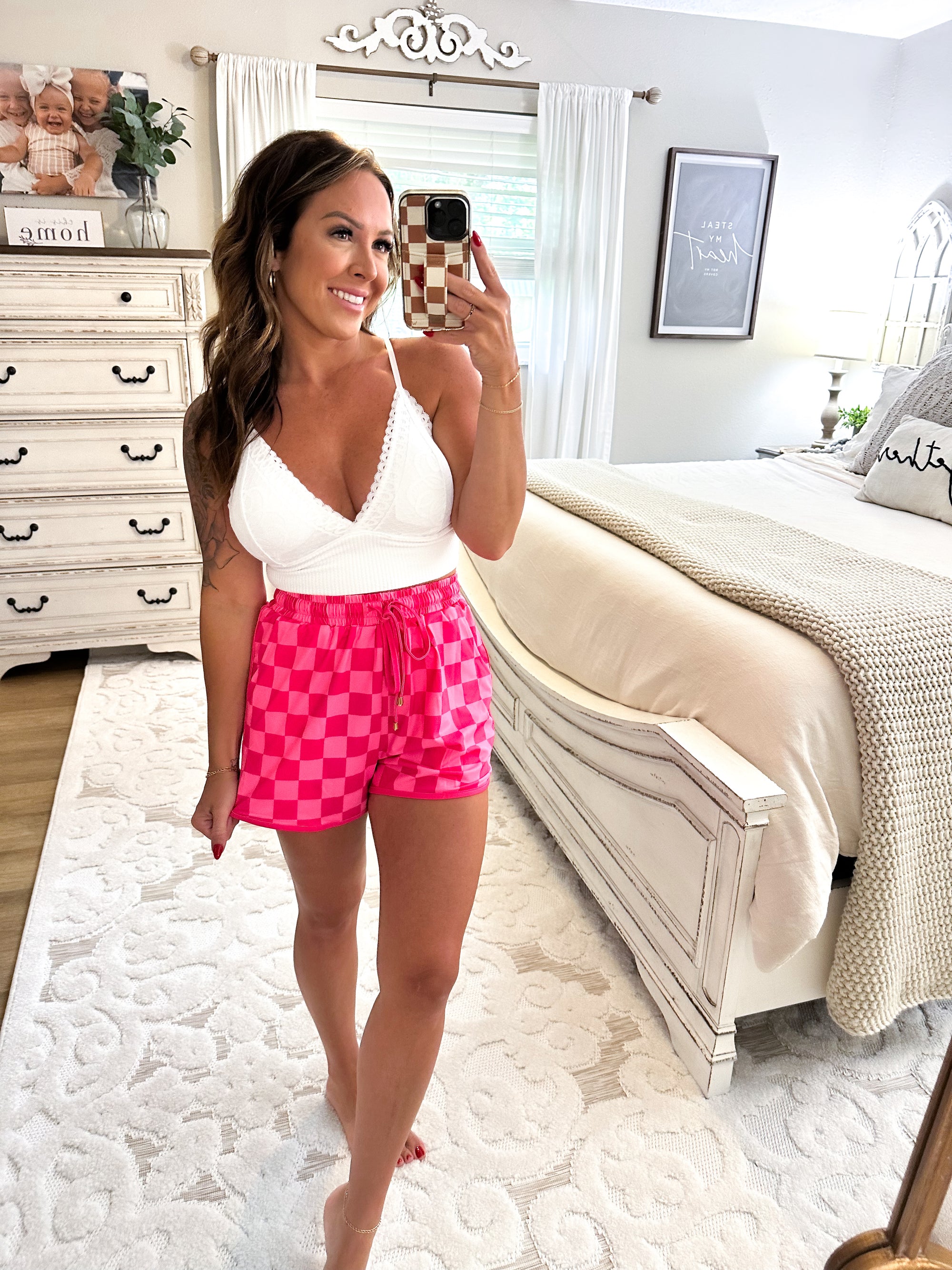 Missy Checkered Drawstring Shorts - Pink