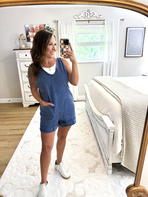 Can't Help Myself Denim Romper - Navy