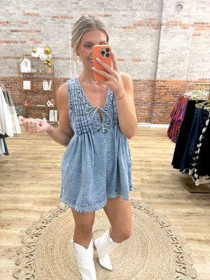 Southern Belle Pleated Denim Romper - Medium Wash