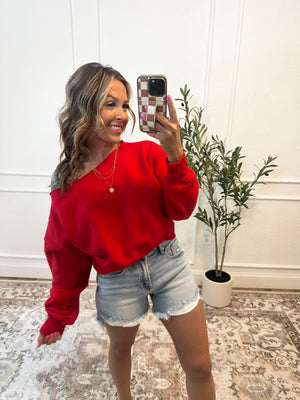 Hear Me Out Boat-Neck Cropped Pullover - Ruby