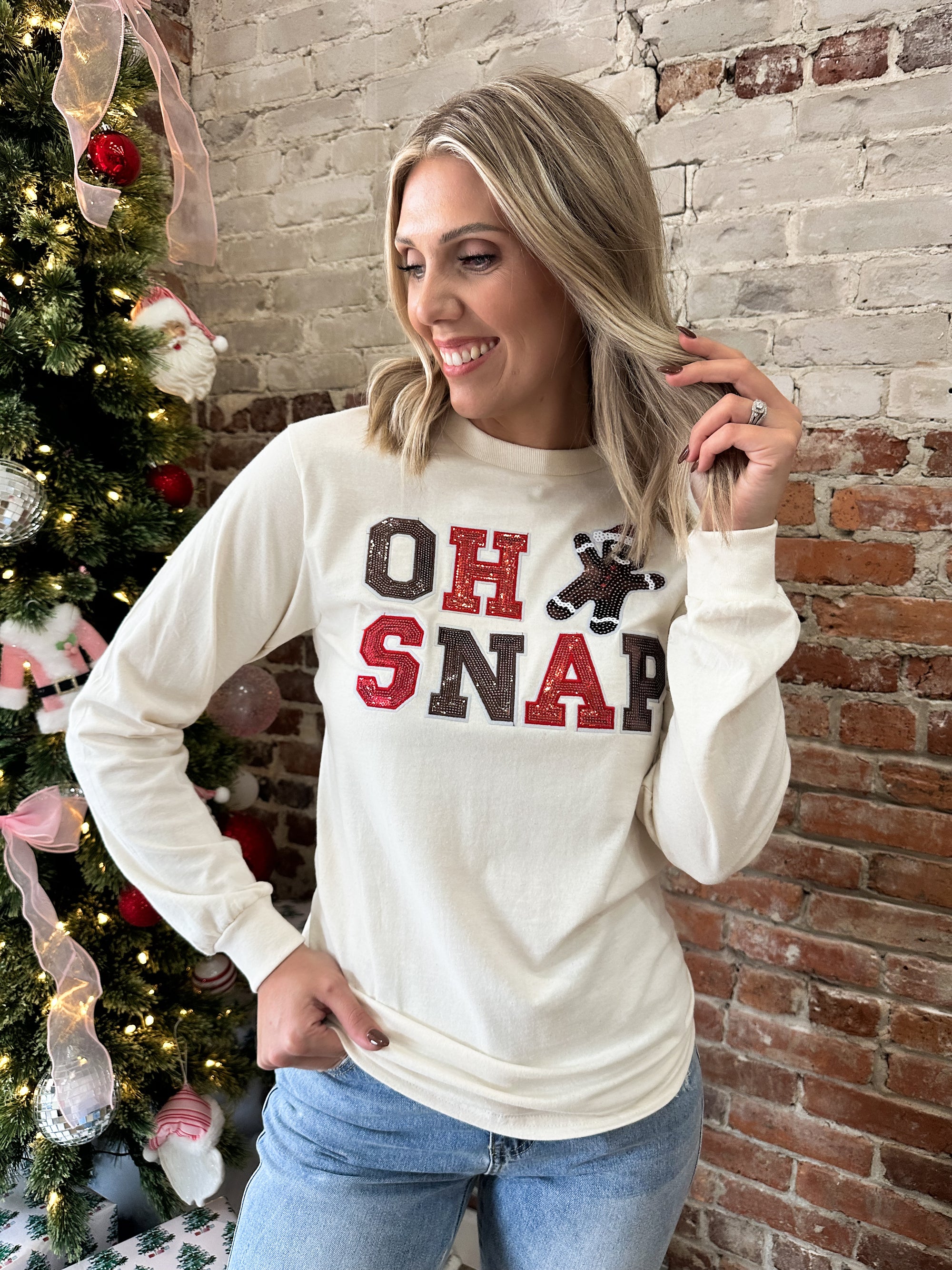 Oh Snap Sequin Gingerbread Embroidered Tee