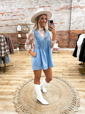 Southern Belle Pleated Denim Romper - Light Wash