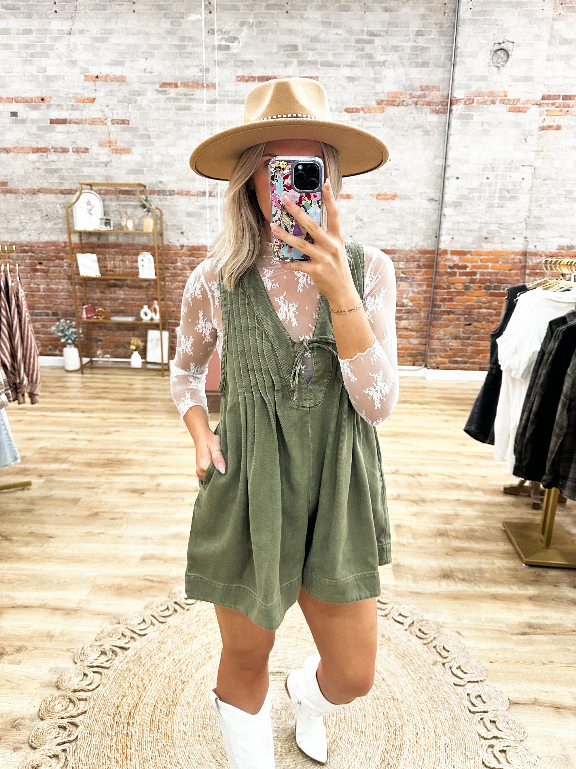 Southern Belle Pleated Denim Romper - Olive