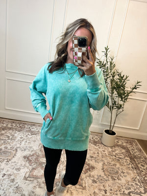 Change Of Plans Acid Wash Pullover - Kelly Green