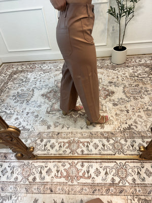 Alicia Mid Rise Pleather Wide Leg Pants - Taupe