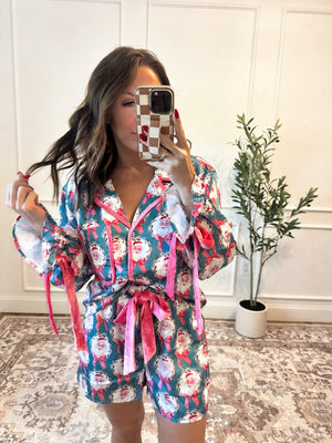 Naughty or Nice Satin Pajama Set - Teal QUICK PREORDER