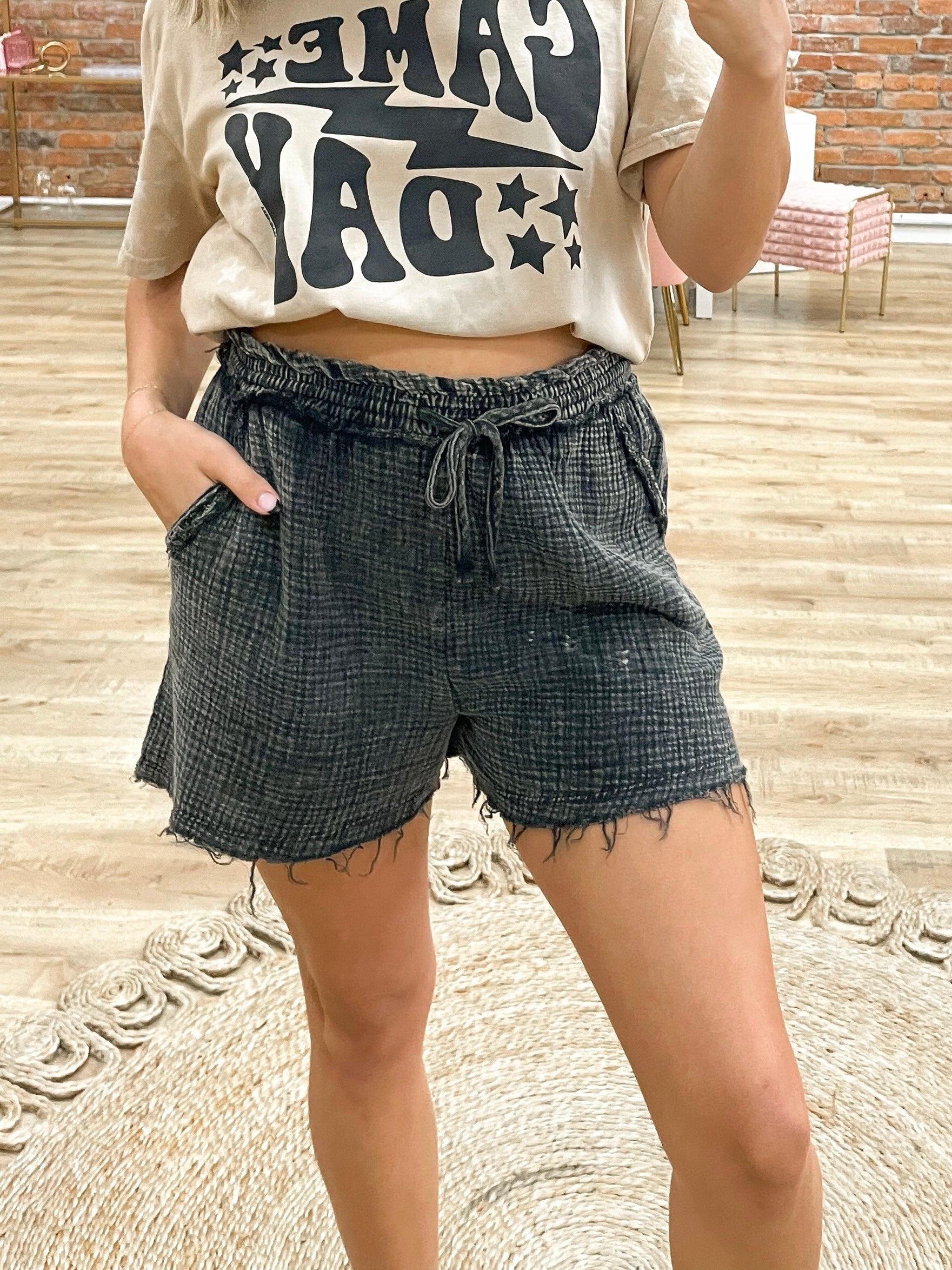 Sunshine Awaits Acid Washed Gauze Shorts - Ash Black