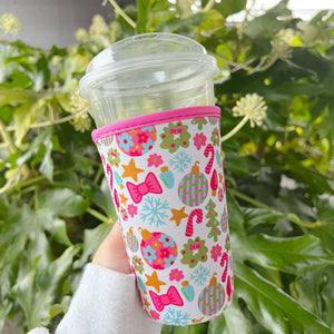 Iced Coffee Cup Cover - Pink Christmas