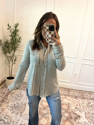 Somewhere With You Striped Button Down Top - Olive