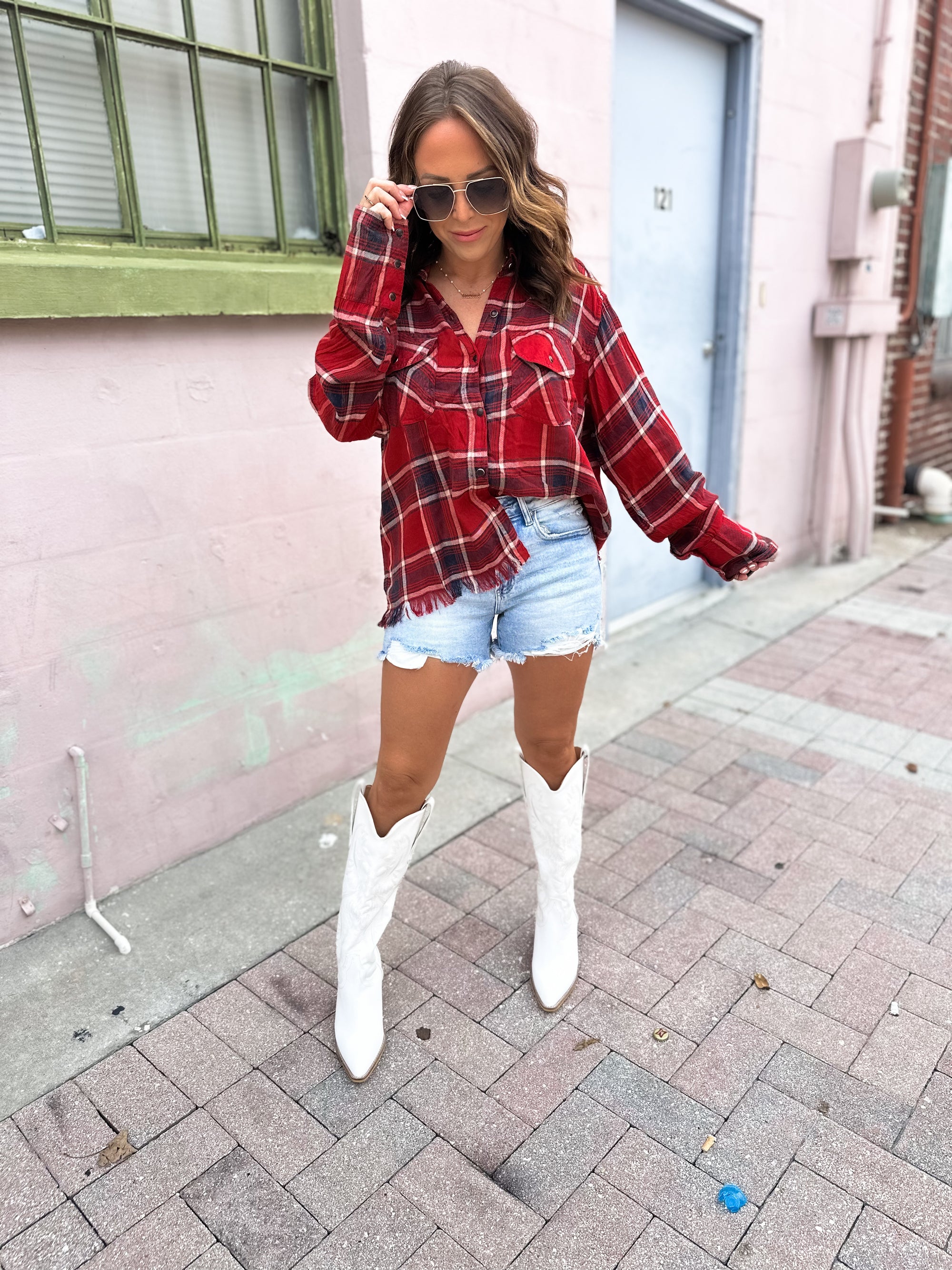 Wasted On You Raw Hem Flannel Top