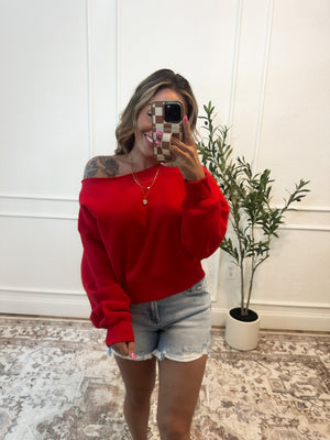 Hear Me Out Boat-Neck Cropped Pullover - Ruby