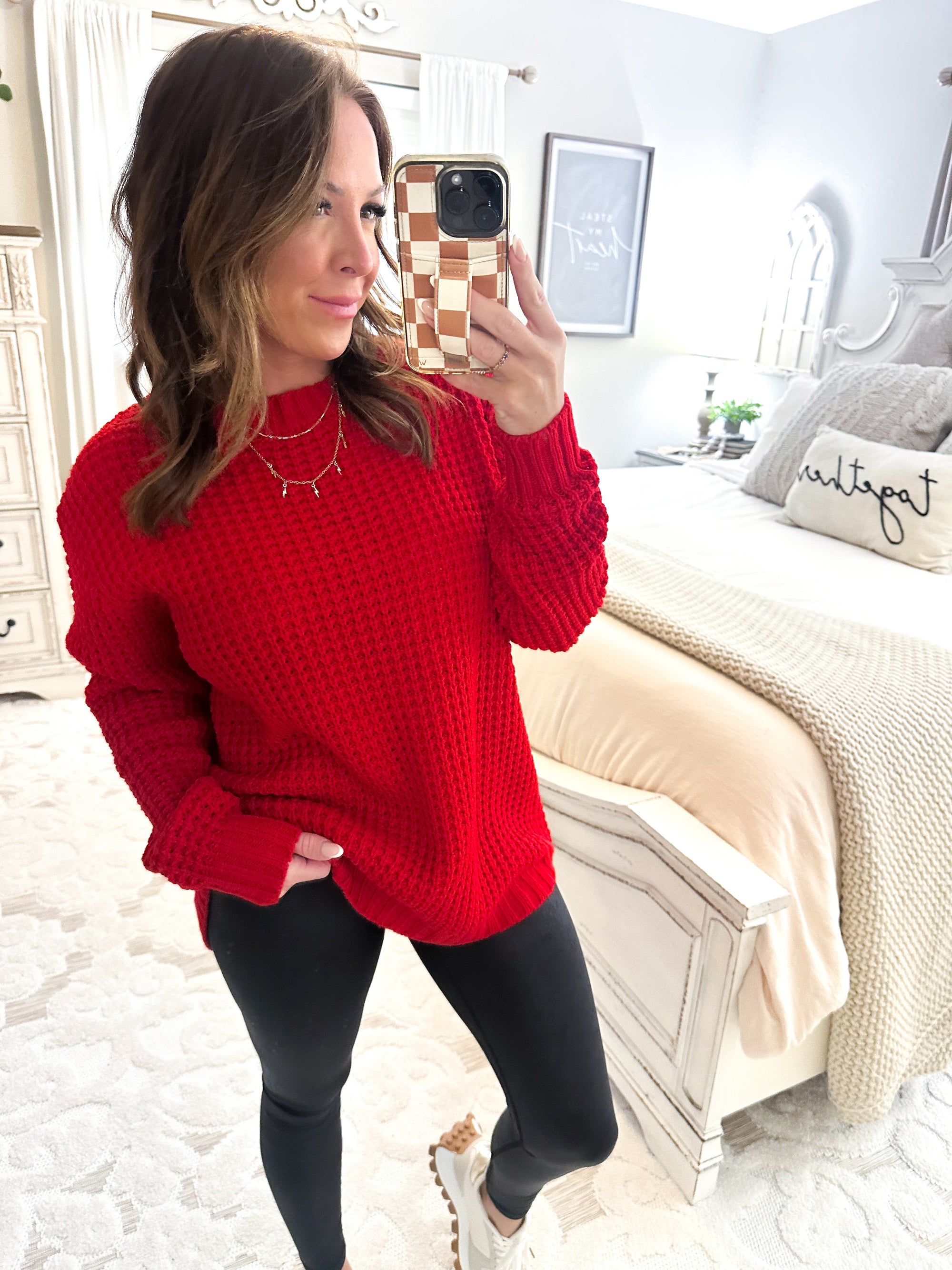 First To Know Waffle Knit Sweater - Red