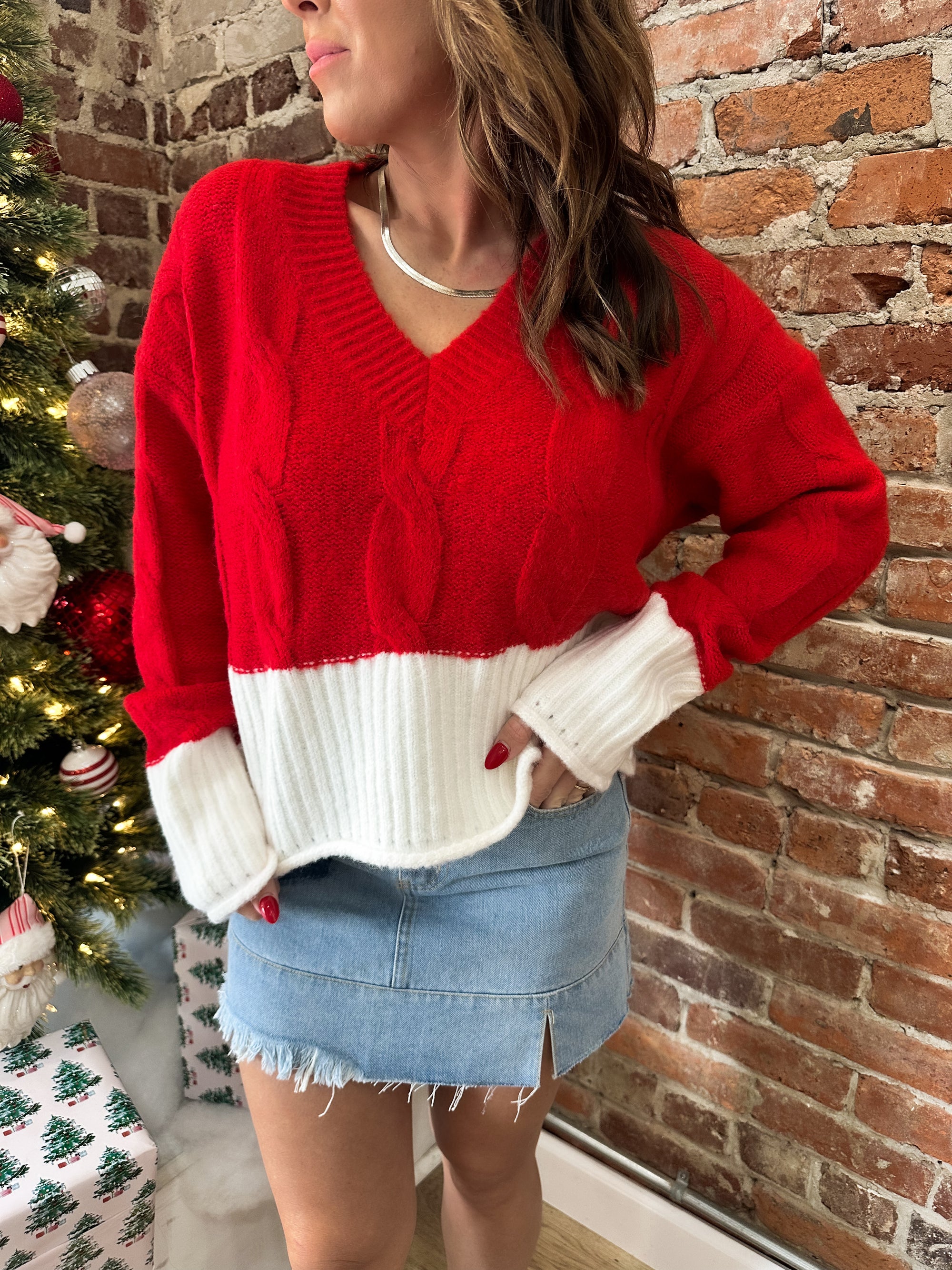 Made For More Cropped Sweater - Red/Ivory