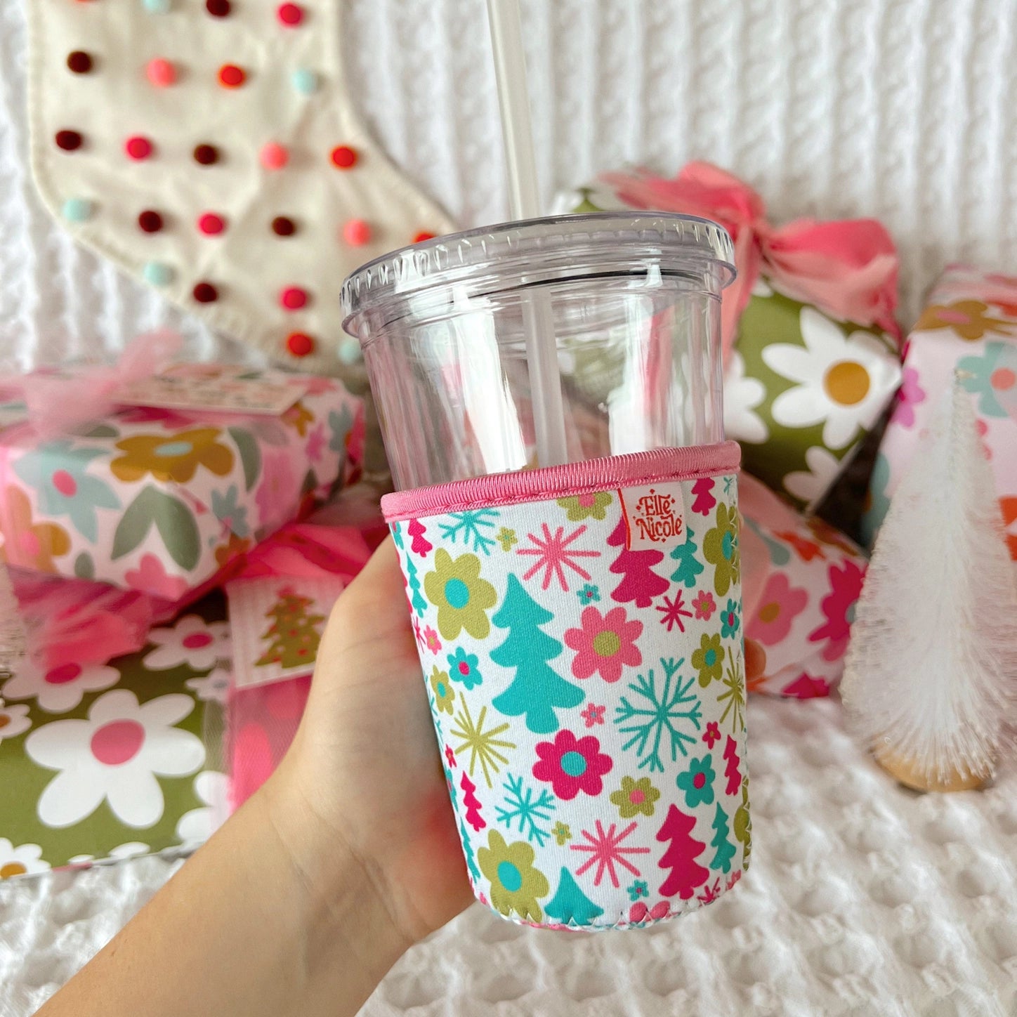 Iced Coffee Cup Cover - Retro Christmas