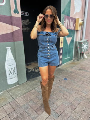 Whiskey Blues Off Shoulder Denim Romper