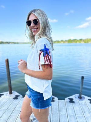 Land of The Free Star Sequin Fringe Top