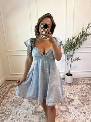 All Eyes On Me Rhinestone Denim Flare Dress