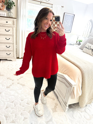 First To Know Waffle Knit Sweater - Red