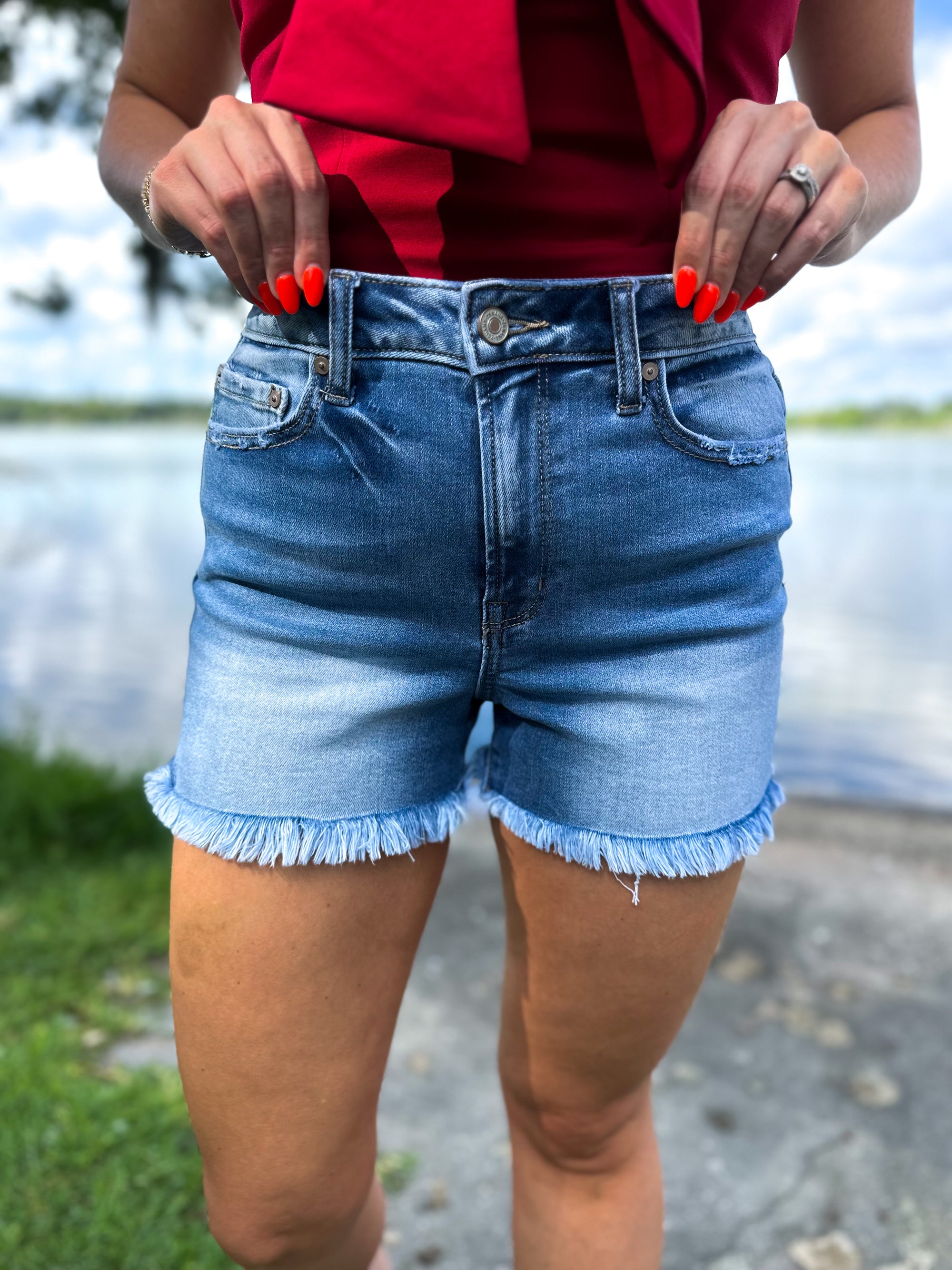 Someday Maybe Midrise Raw Frayed Hem Denim Shorts