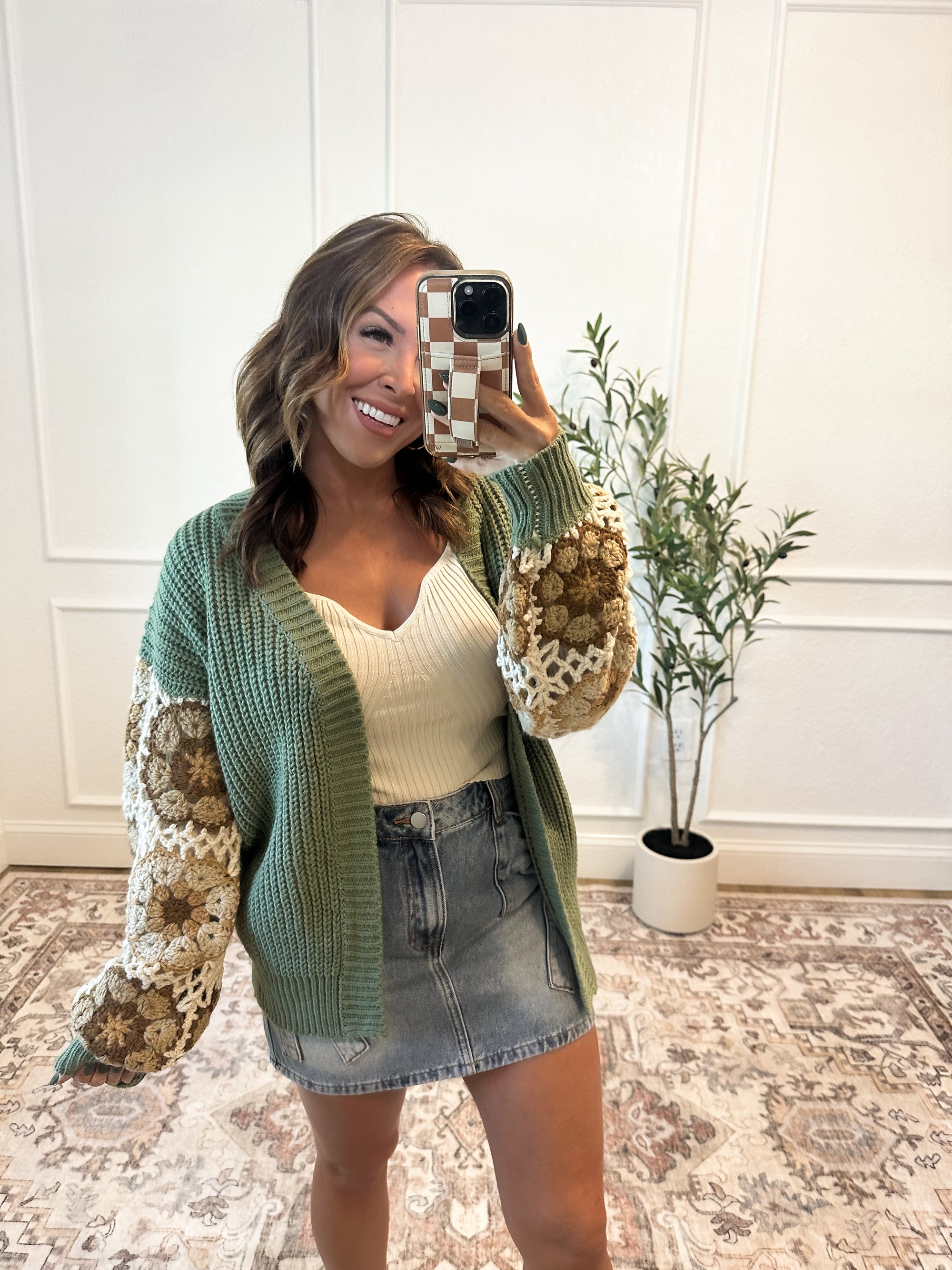 Feels Like Home Crochet Sleeve Cardigan - Olive