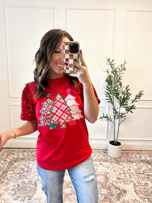 Festive Forest Sequin Top - Red