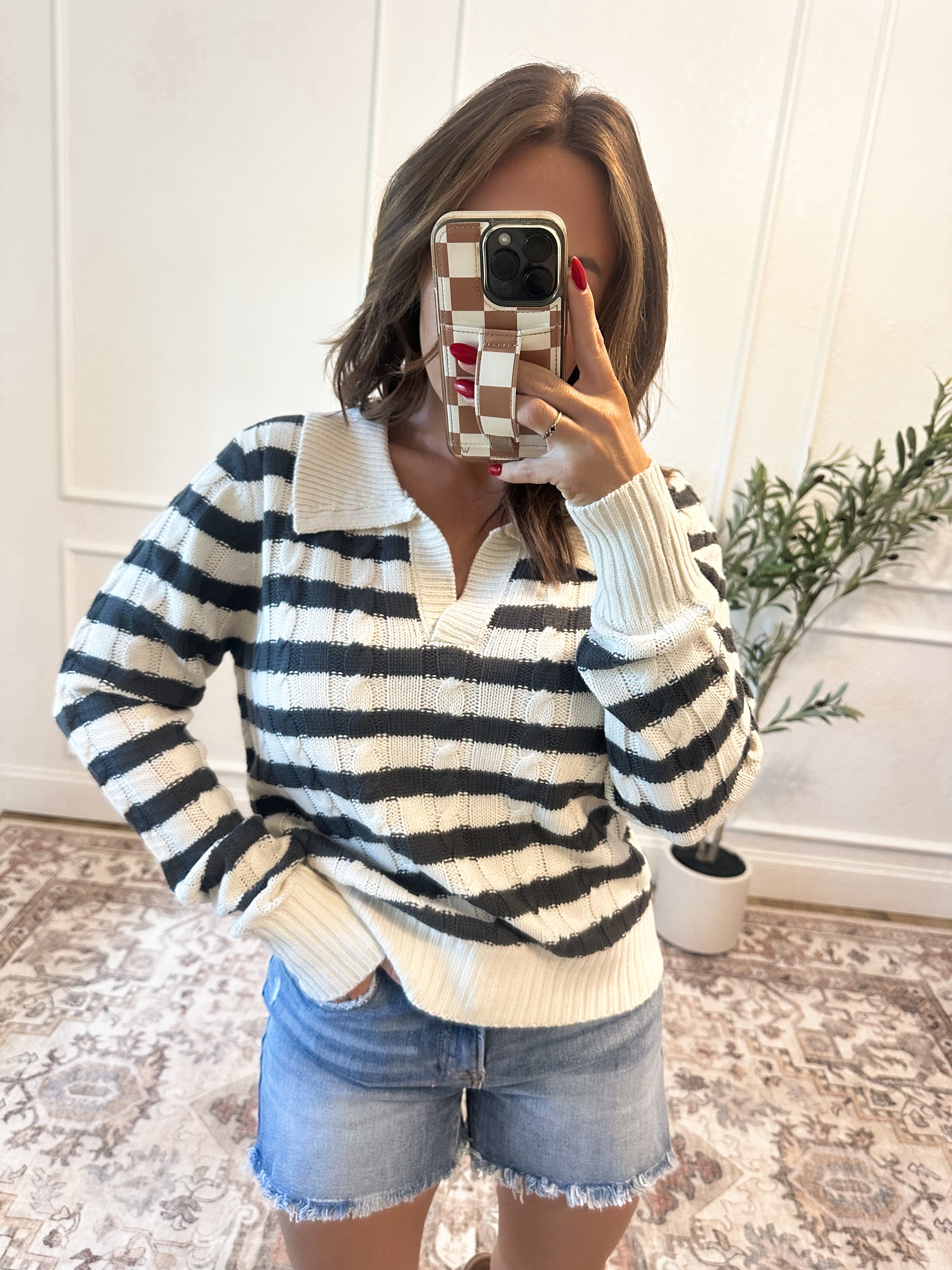 Warming Up To You Striped Collared Sweater - Charcoal