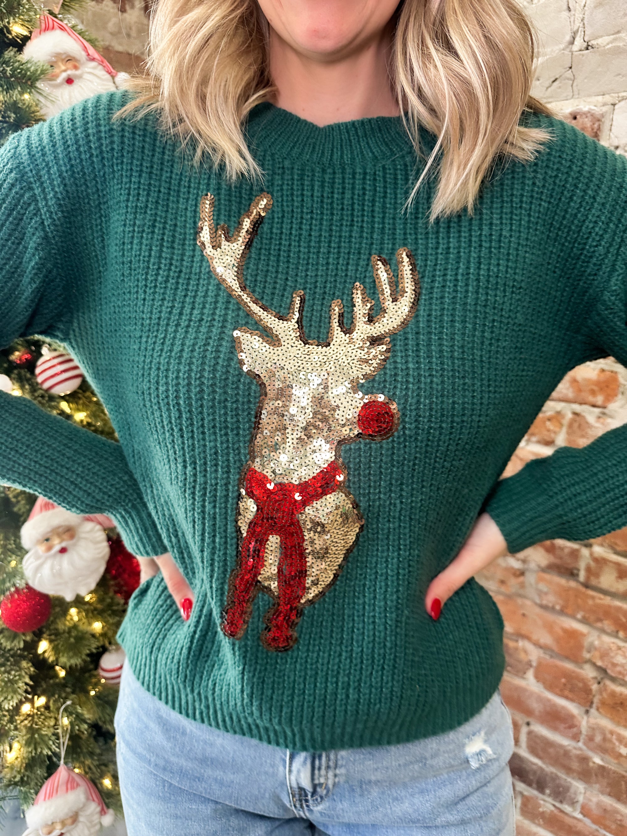 Most Famous Reindeer Sequin Sweater - Hunter