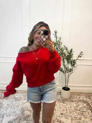 Hear Me Out Boat-Neck Cropped Pullover - Ruby