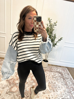 Just Like That Striped Denim Sleeve Sweater