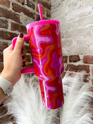 Pink Retro Swirl Insulated Tumbler Cup w/ Handle