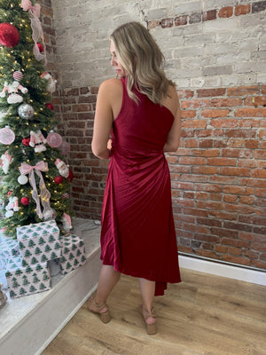 Happy Holidays Pleated Asymmetrical Dress - Wine